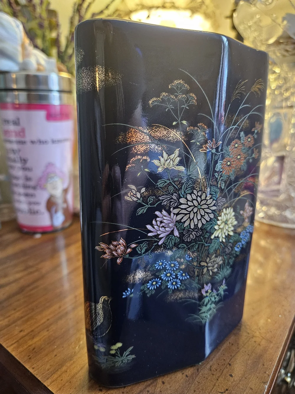 Navy Floral Ceramic Vase with Gold Accents